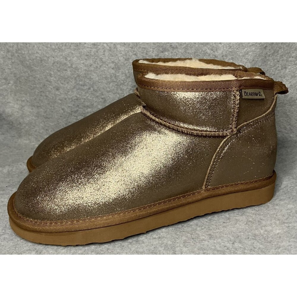 Bearpaw Womens Sz 9 Shorty Gold Glitter Pull On Lined Sherpa Boots Winter Boots